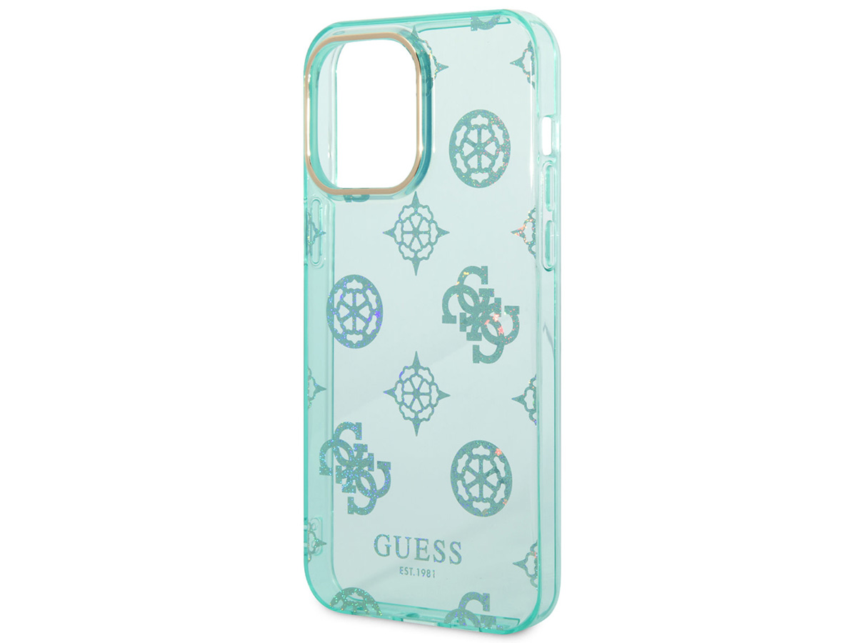 Guess Peony Glitter TPU Case Turquoise - iPhone 14 Pro Max hoesje