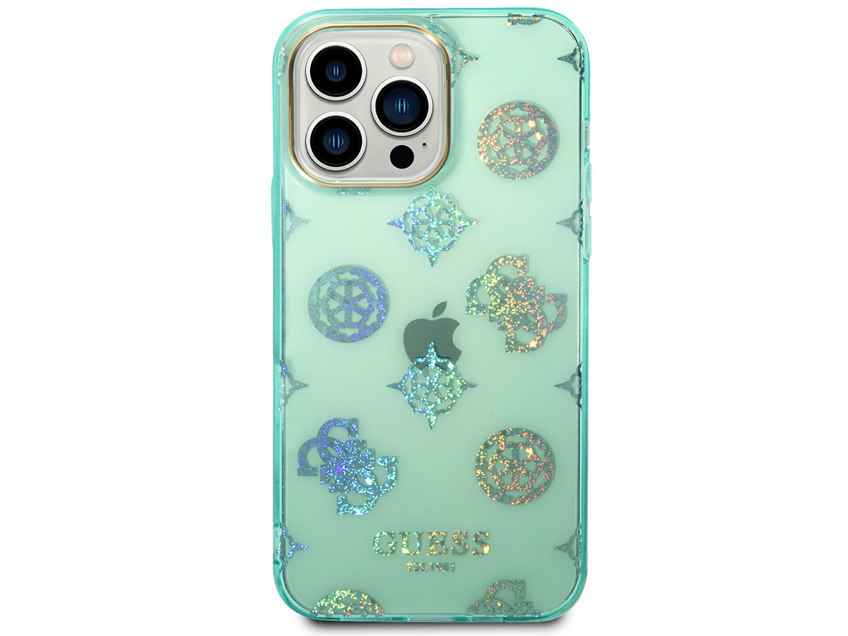 Guess Peony Glitter TPU Case Turquoise - iPhone 14 Pro Max hoesje