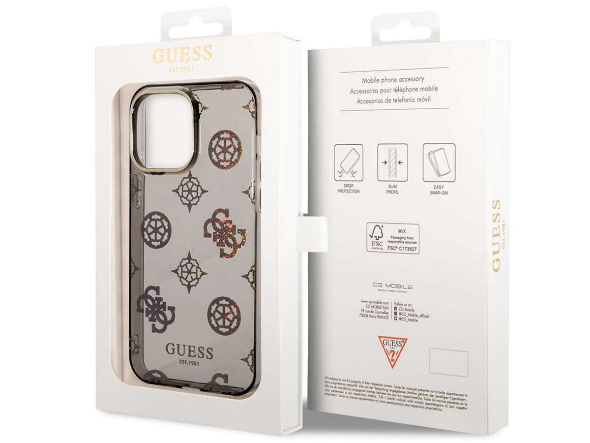 Guess Peony Glitter TPU Case Zwart - iPhone 14 Pro Max hoesje