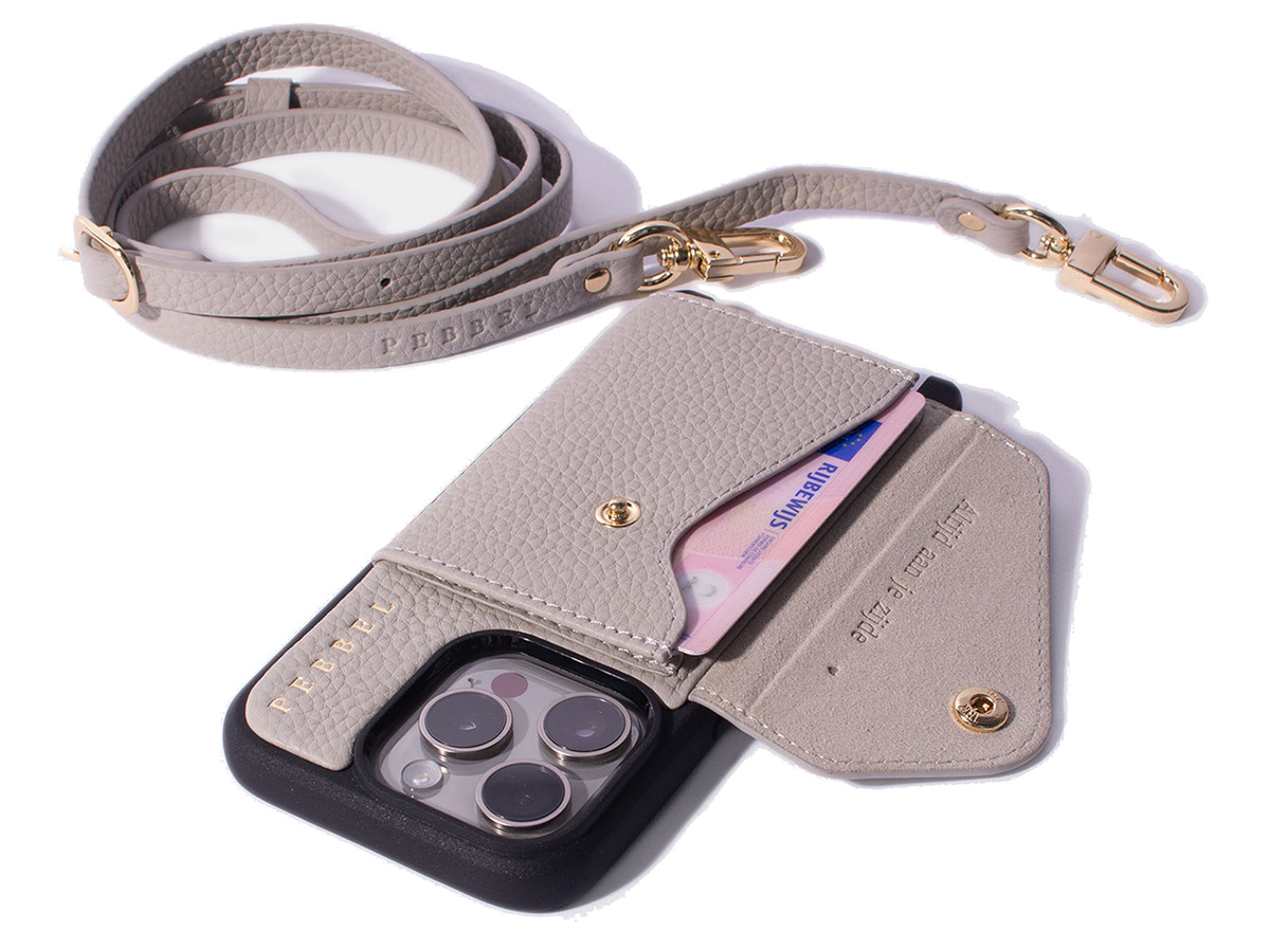 Pebbel Crossbody Case met Leren Koord - iPhone 14 Pro Max Hoesje Leer Greige