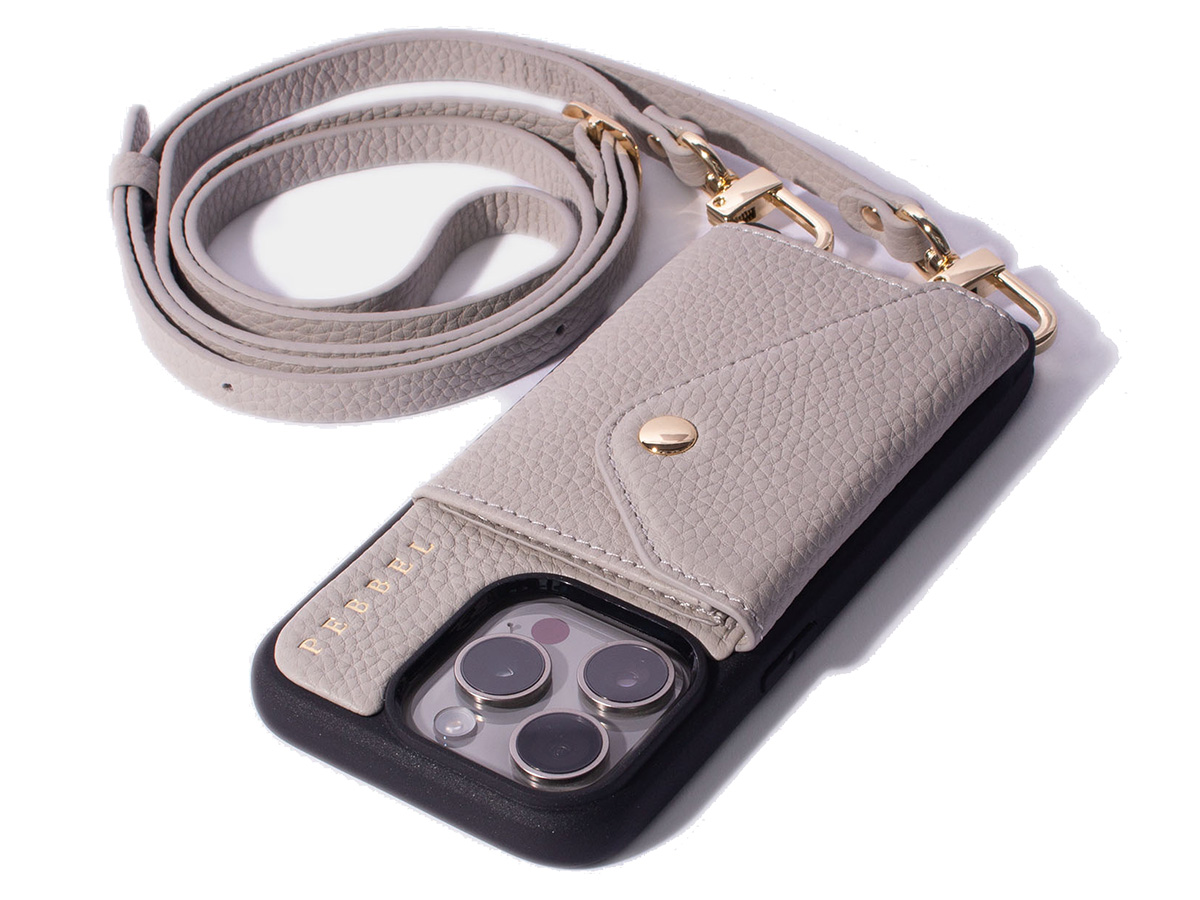 Pebbel Crossbody Case met Leren Koord - iPhone 14 Pro Max Hoesje Leer Greige