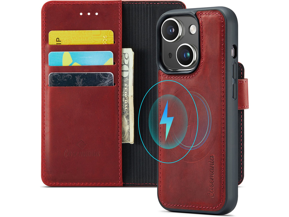 CaseMania 2in1 Magnetic Leather Bookcase Rood - iPhone 15 Hoesje Leer