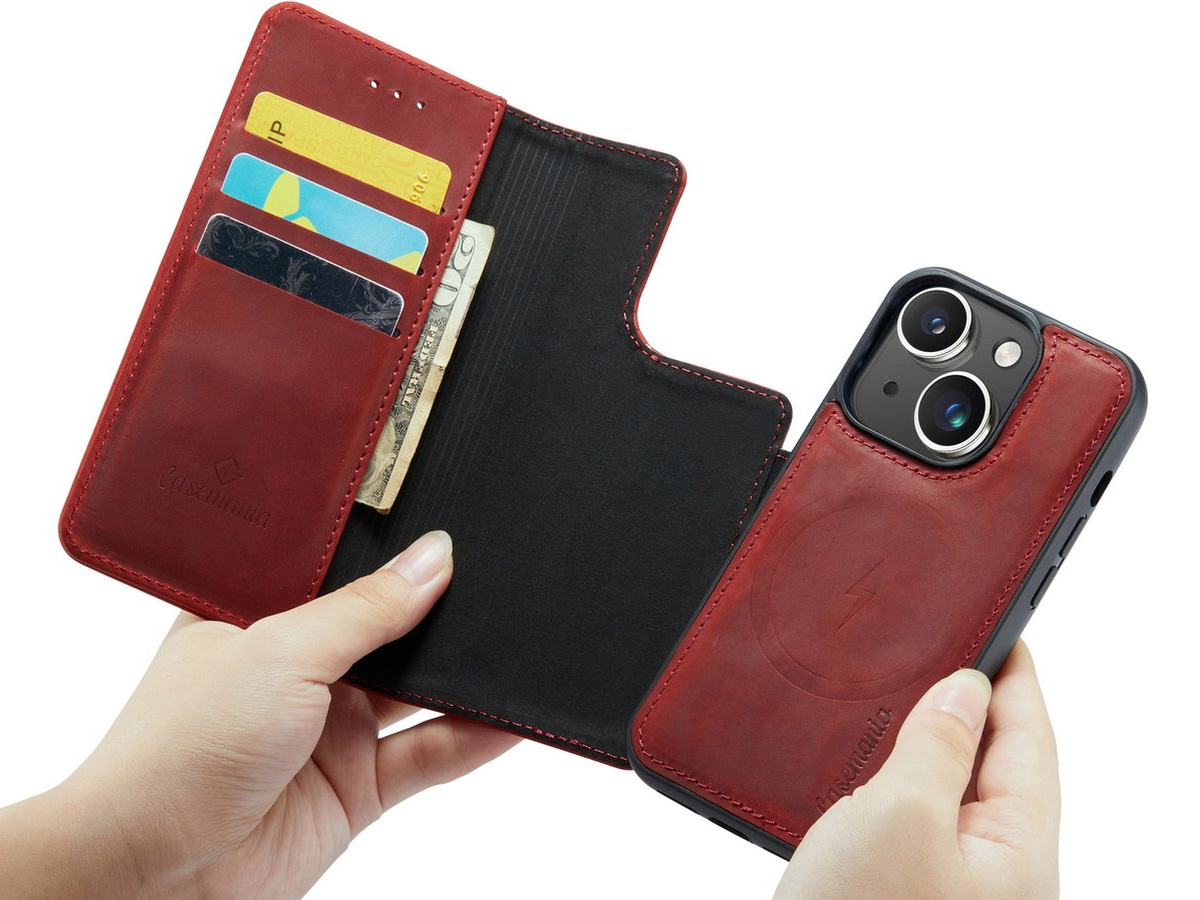 CaseMania 2in1 Magnetic Leather Bookcase Rood - iPhone 15 Hoesje Leer