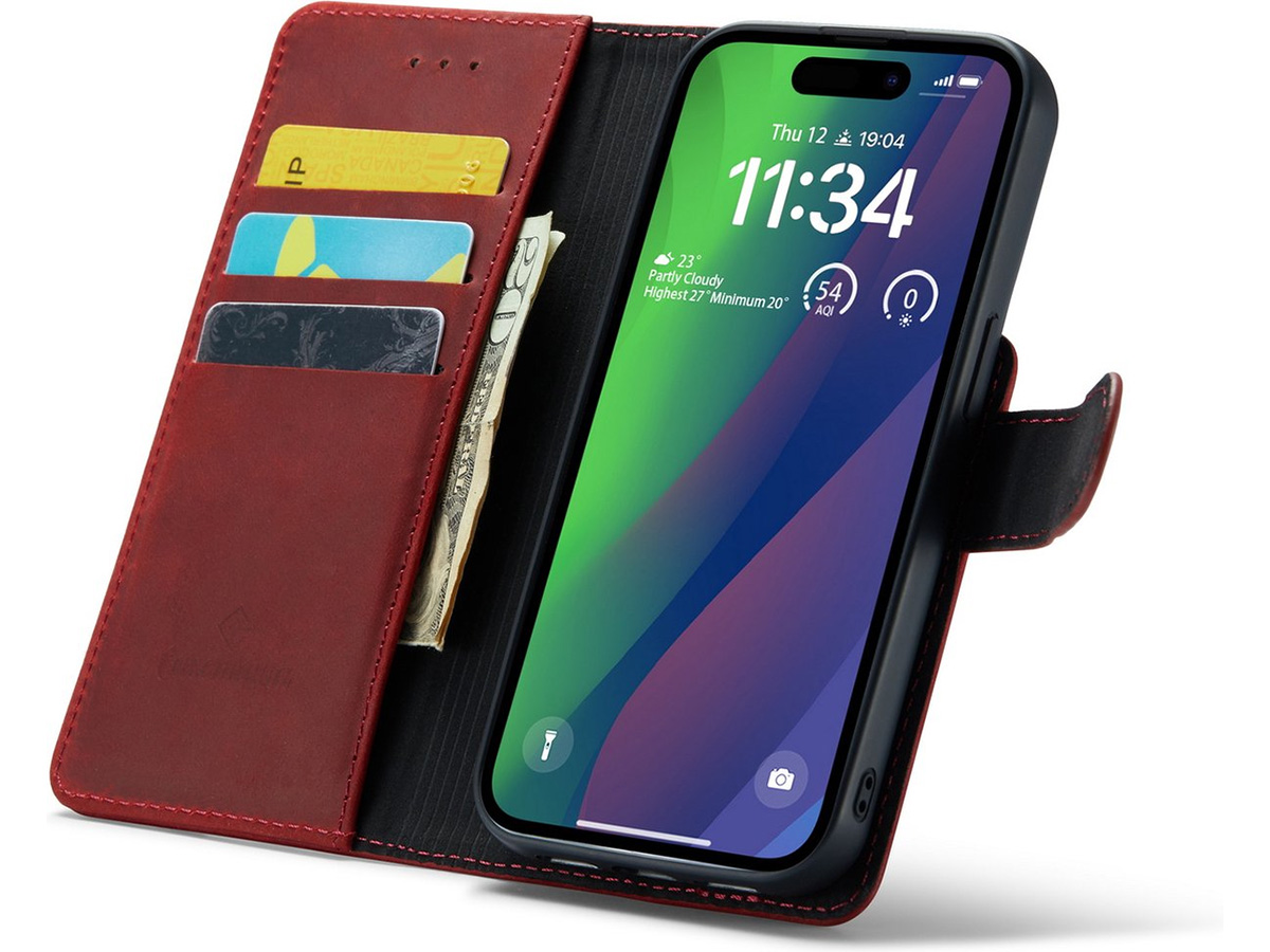 CaseMania 2in1 Magnetic Leather Bookcase Rood - iPhone 15 Hoesje Leer