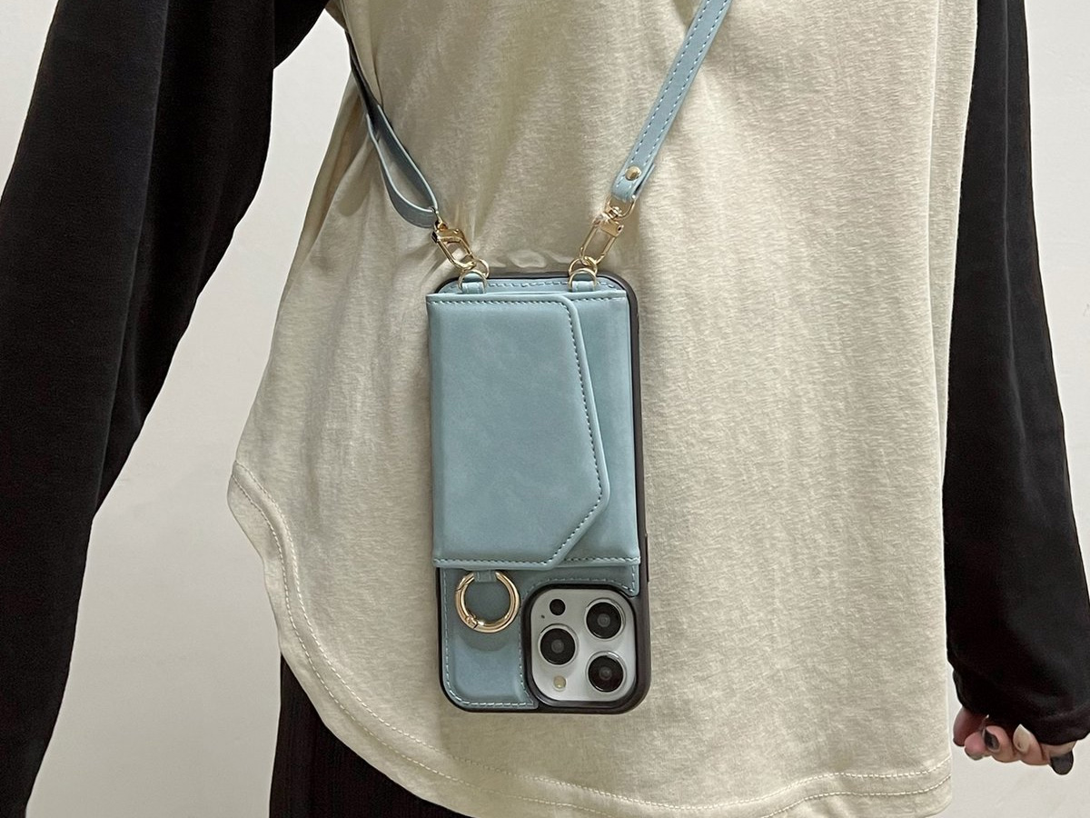 CaseMania 2in1 Koord Case met MagSafe Spiegel Wallet Aqua - iPhone 15 Hoesje