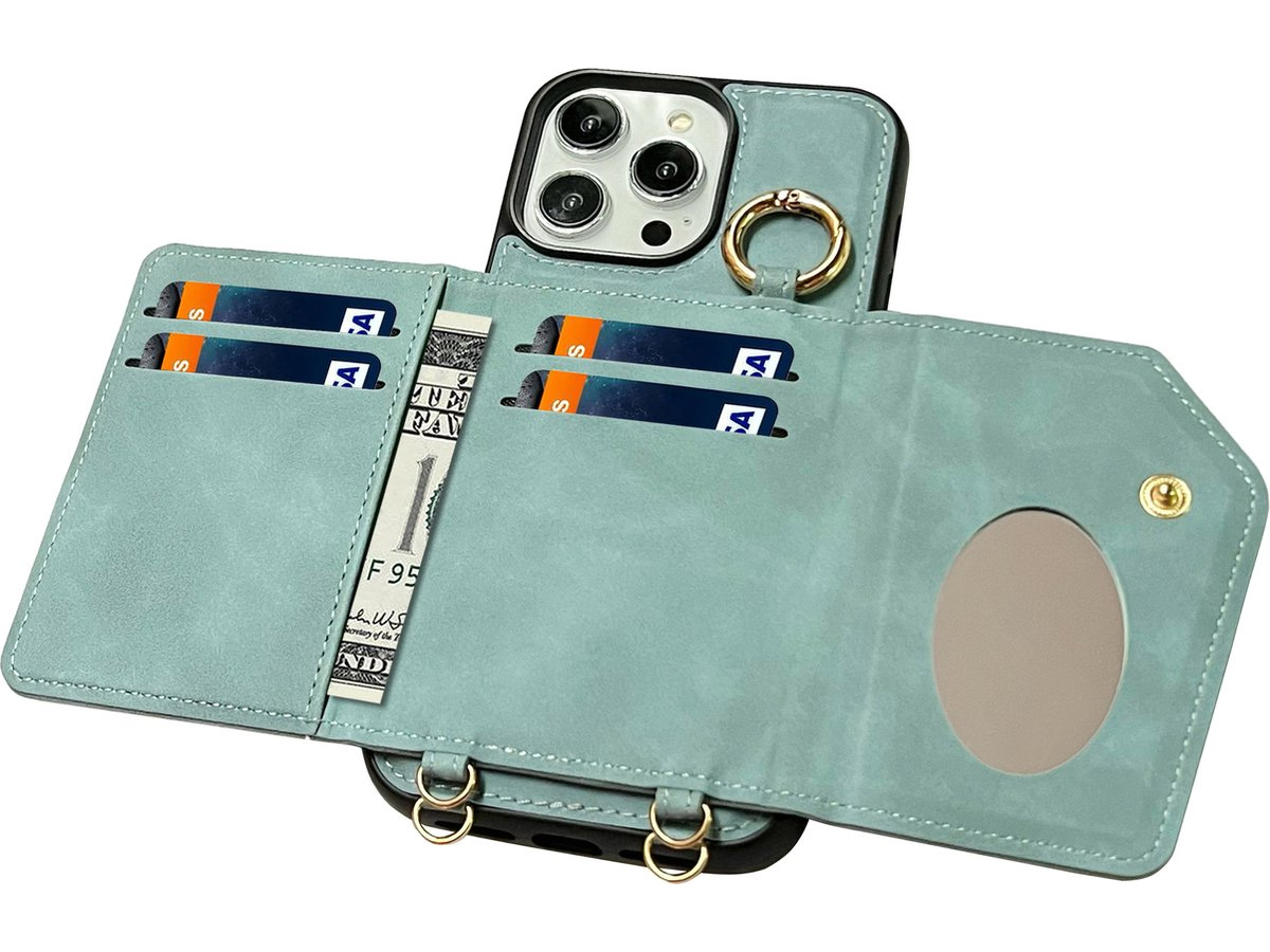 CaseMania 2in1 Koord Case met MagSafe Spiegel Wallet Aqua - iPhone 15 Hoesje