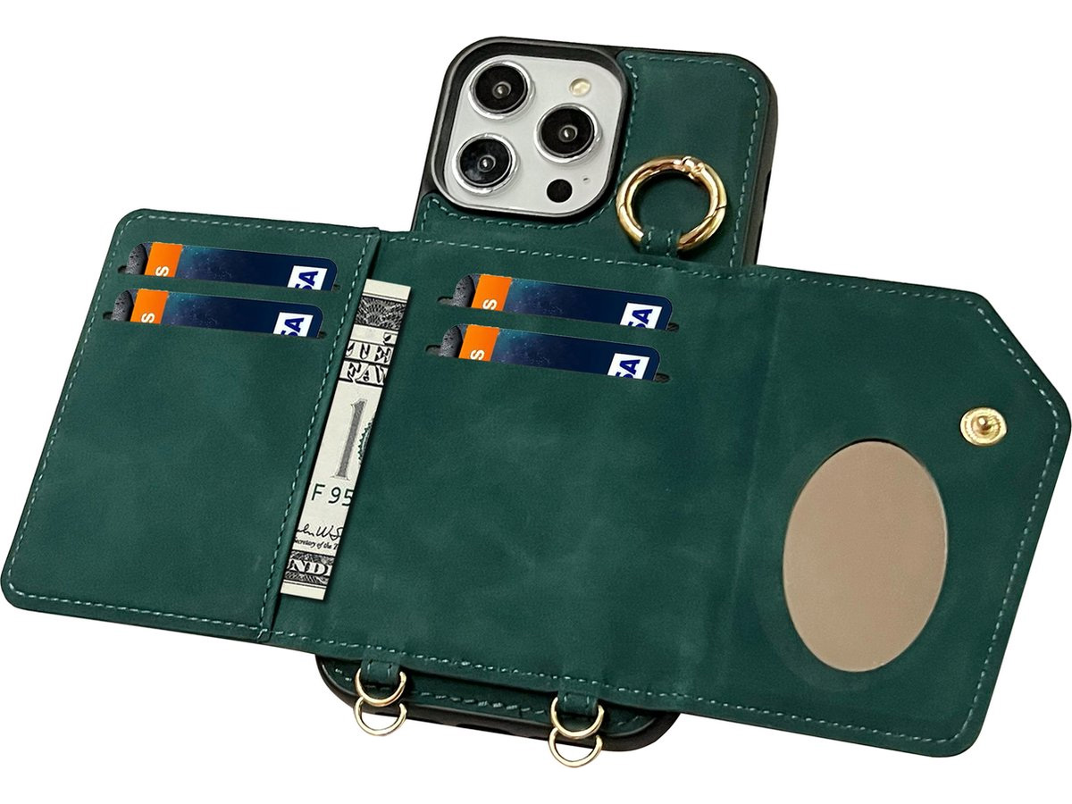 CaseMania 2in1 Koord Case met MagSafe Spiegel Wallet Groen - iPhone 15 Hoesje