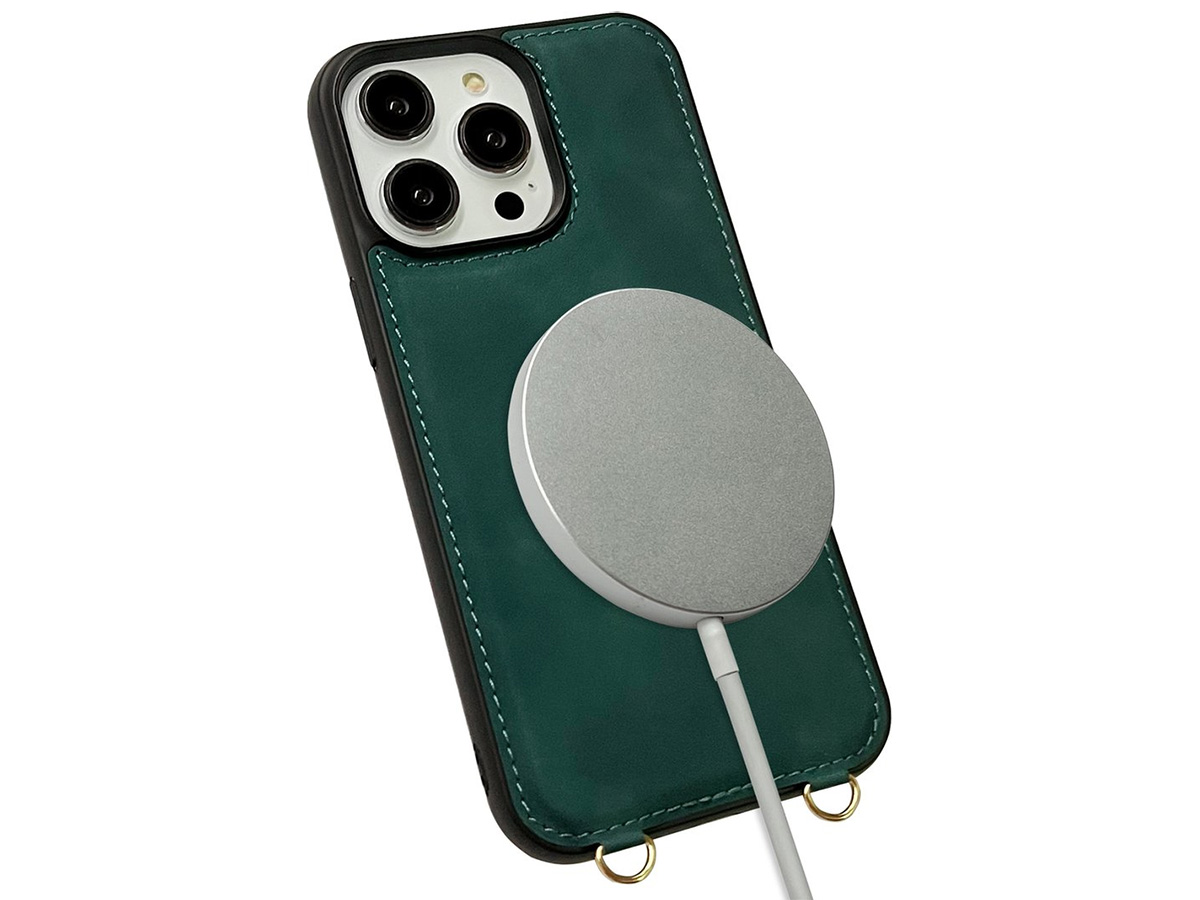 CaseMania 2in1 Koord Case met MagSafe Spiegel Wallet Groen - iPhone 15 Hoesje