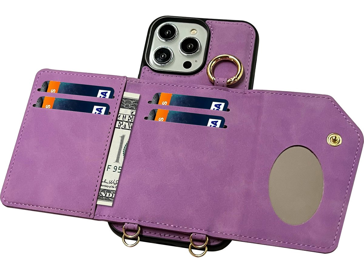 CaseMania 2in1 Koord Case met MagSafe Spiegel Wallet Paars - iPhone 15 Hoesje