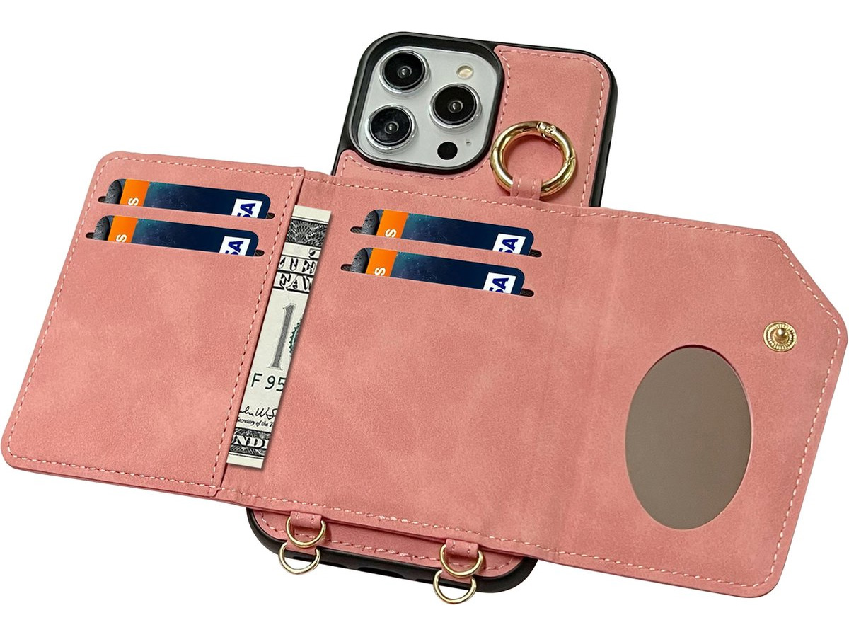 CaseMania 2in1 Koord Case met MagSafe Spiegel Wallet Roze - iPhone 15 Hoesje