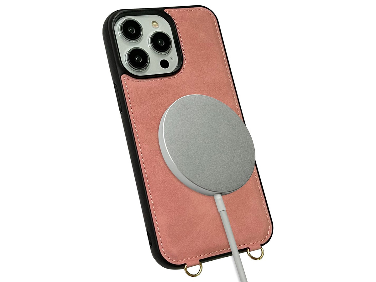 CaseMania 2in1 Koord Case met MagSafe Spiegel Wallet Roze - iPhone 15 Hoesje