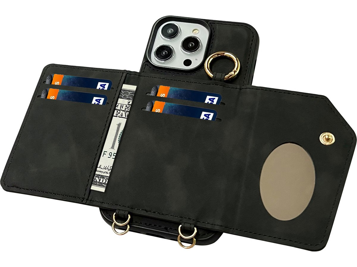CaseMania 2in1 Koord Case met MagSafe Spiegel Wallet Zwart - iPhone 15 Hoesje