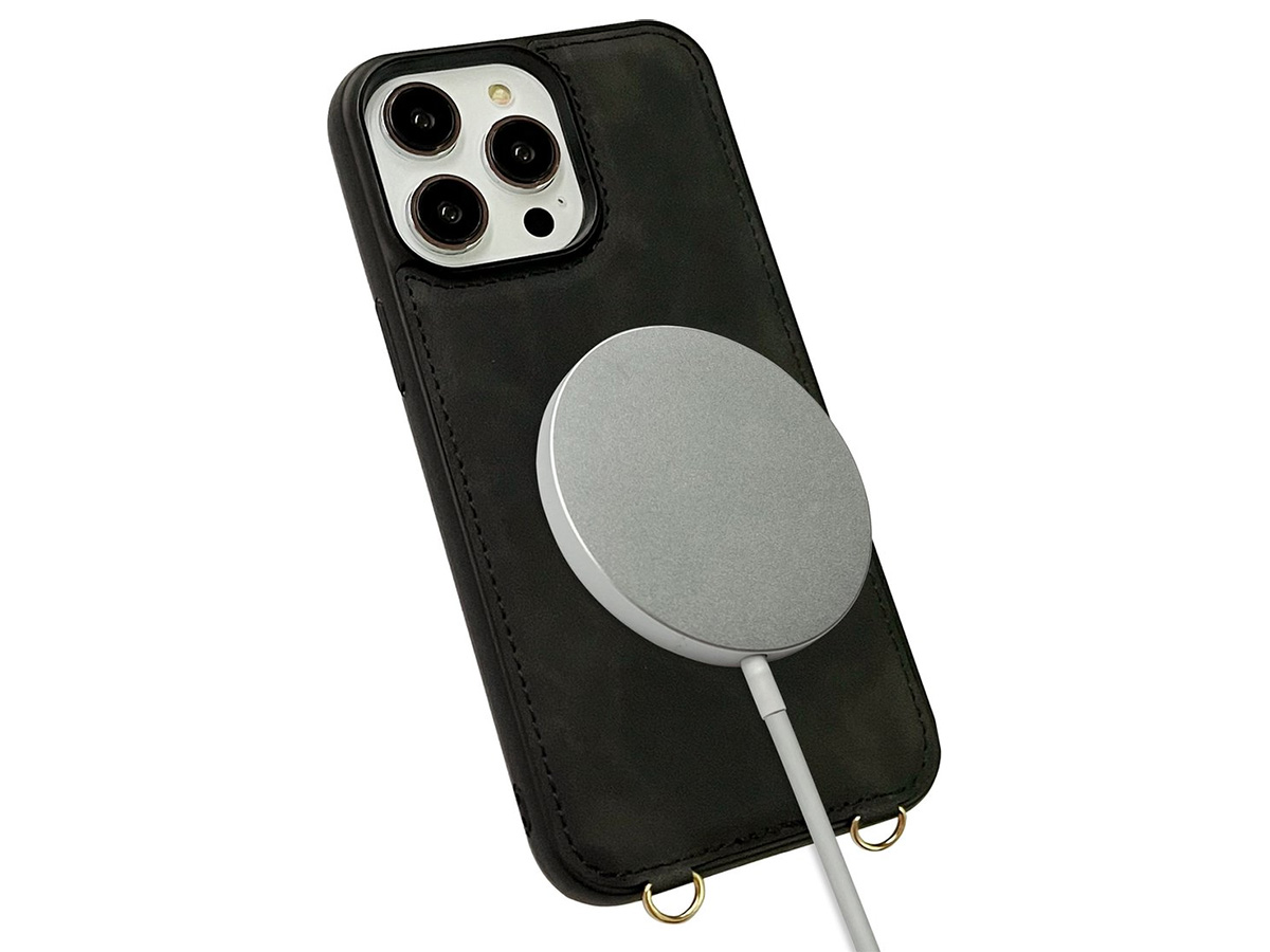 CaseMania 2in1 Koord Case met MagSafe Spiegel Wallet Zwart - iPhone 15 Hoesje