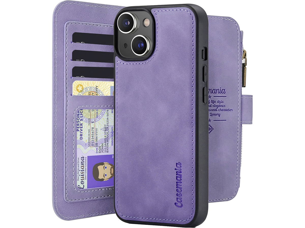 CaseMe 2in1 Wallet Ritsvak Case Lila Paars - iPhone 15 Hoesje