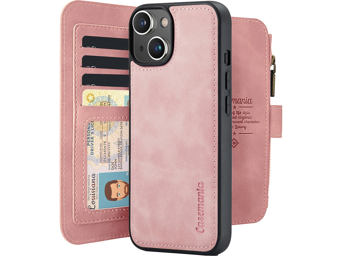 CaseMe 2in1 Wallet Ritsvak Case Roze - iPhone 15 Hoesje