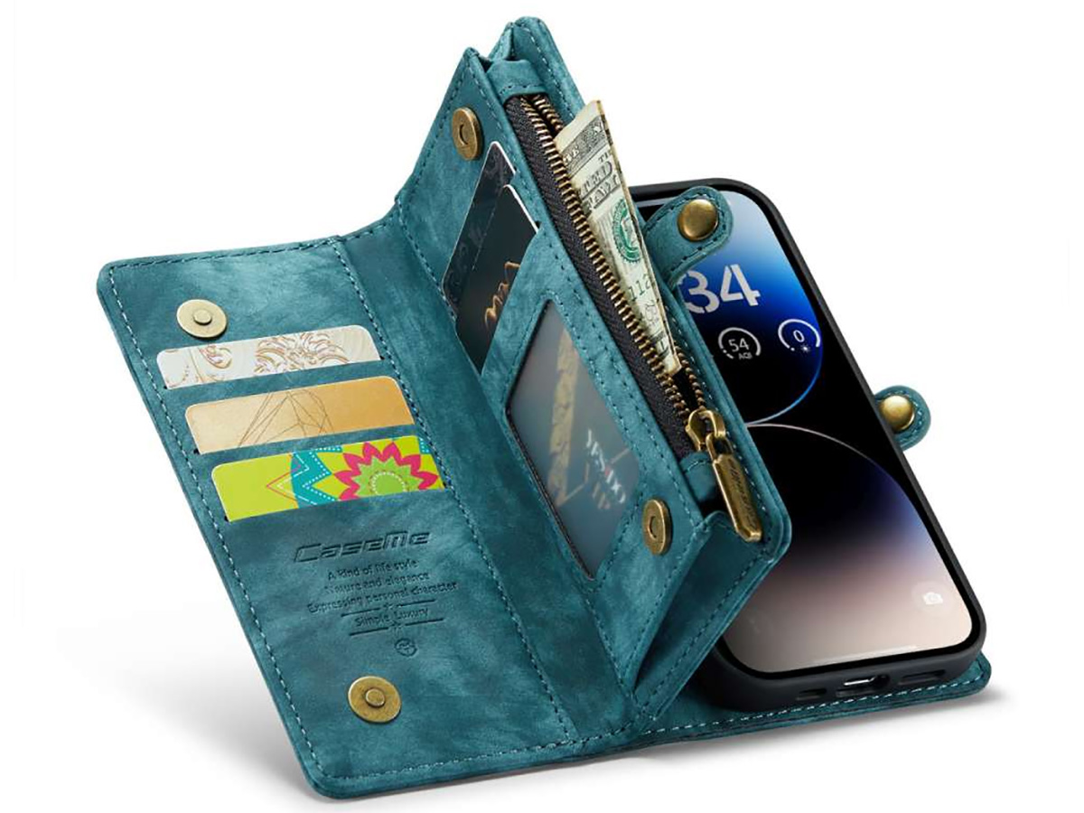 CaseMe 2in1 Wallet Case met Ritsvak Blauw - iPhone 15 Hoesje