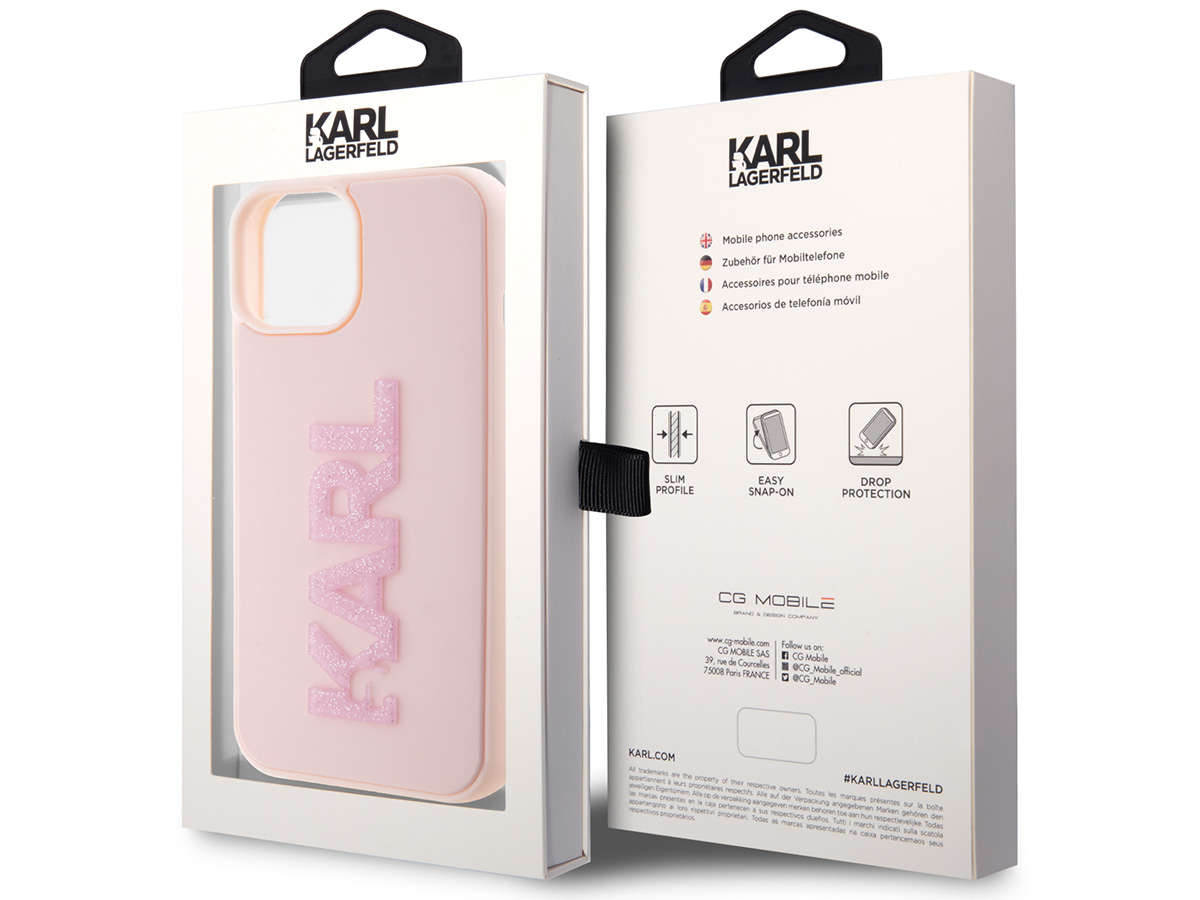 Karl Lagerfeld 3D Glitter Logo Case Roze - iPhone 15 hoesje