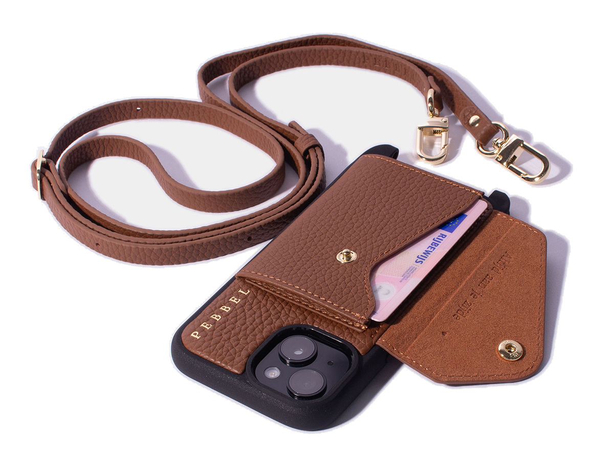 Pebbel Crossbody Case met Leren Koord - iPhone 15 Hoesje Leer Cognac