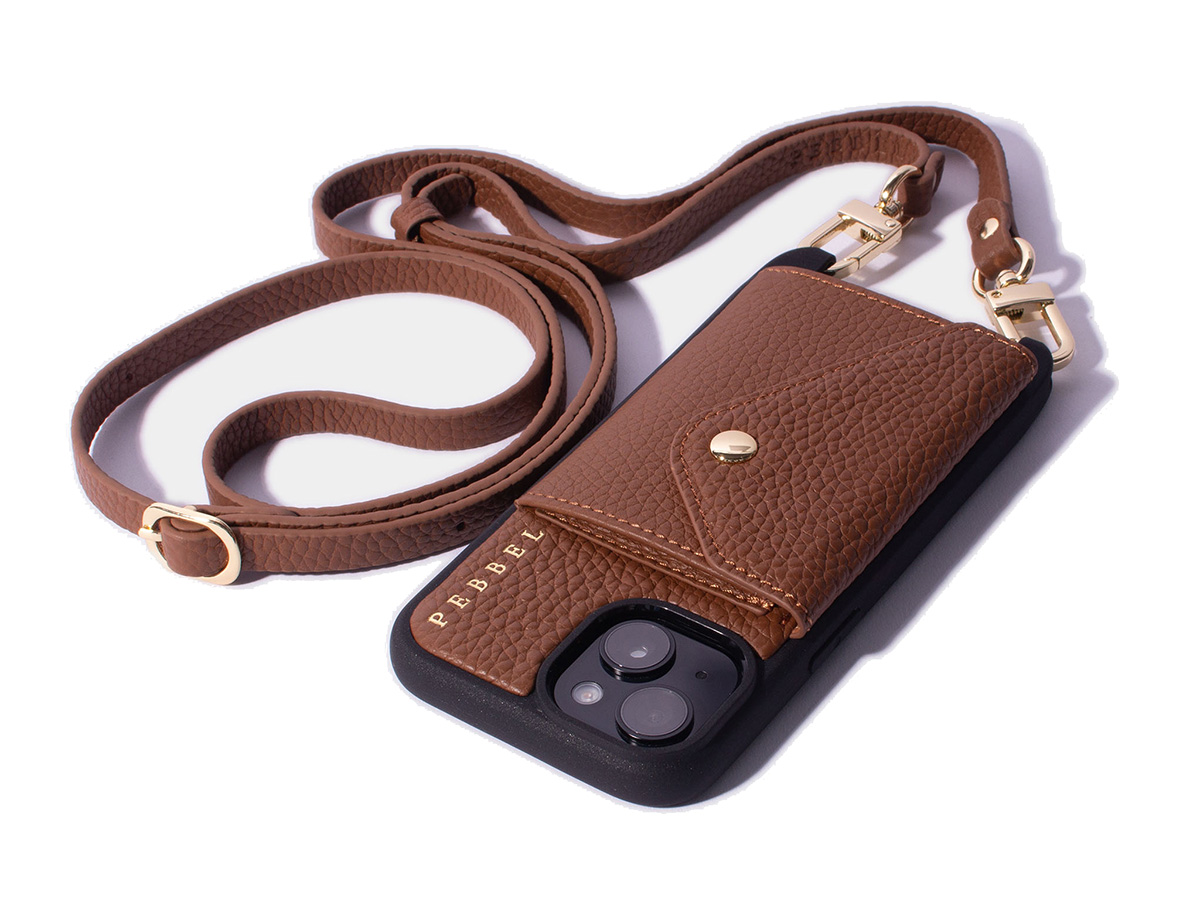 Pebbel Crossbody Case met Leren Koord - iPhone 15 Hoesje Leer Cognac