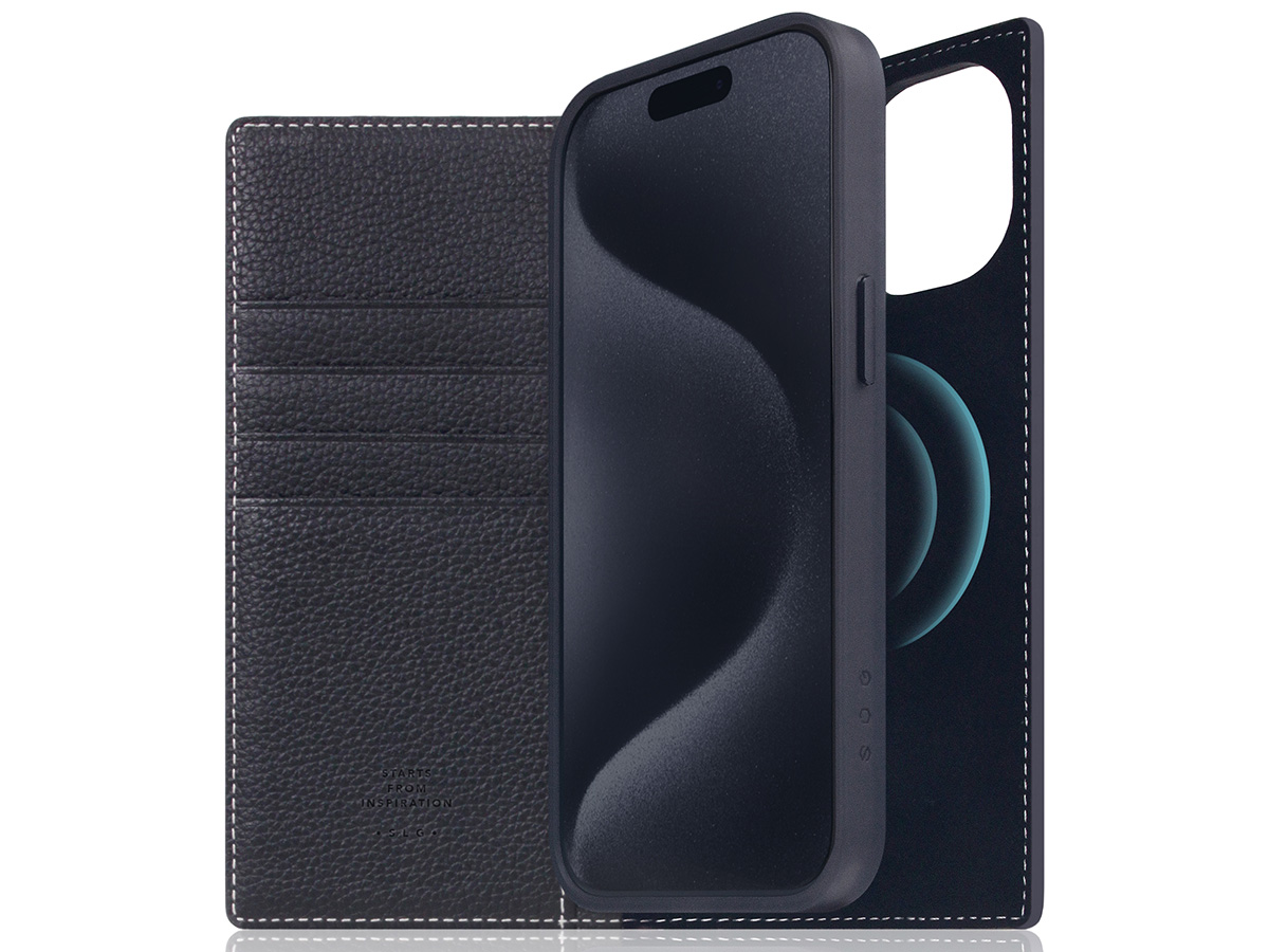 SLG Design D8 2in1 Leather Folio Black Blue - iPhone 15 hoesje