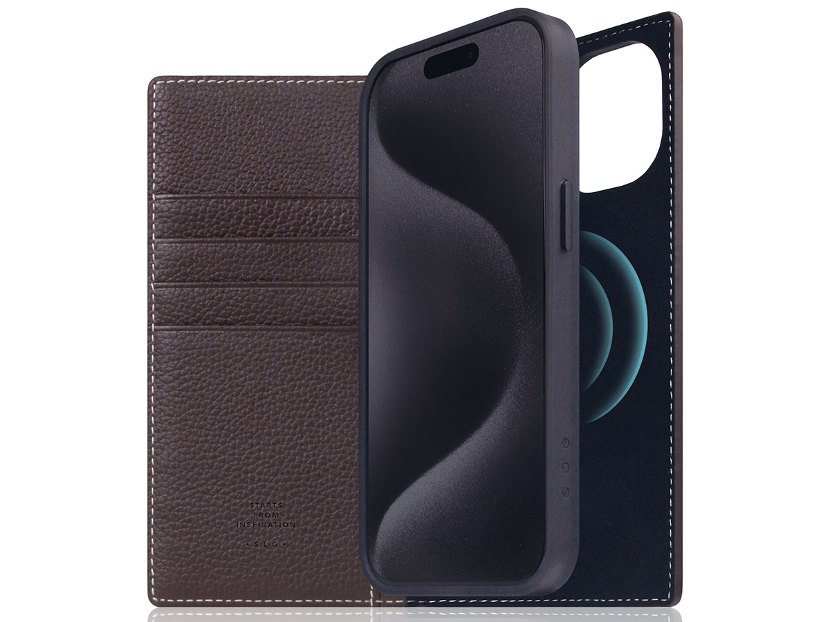 SLG Design D8 2in1 Leather Folio Brown Cream - iPhone 15 hoesje