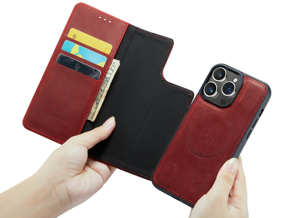 CaseMania 2in1 Magnetic Leather Bookcase Rood - iPhone 15 Pro Hoesje Leer