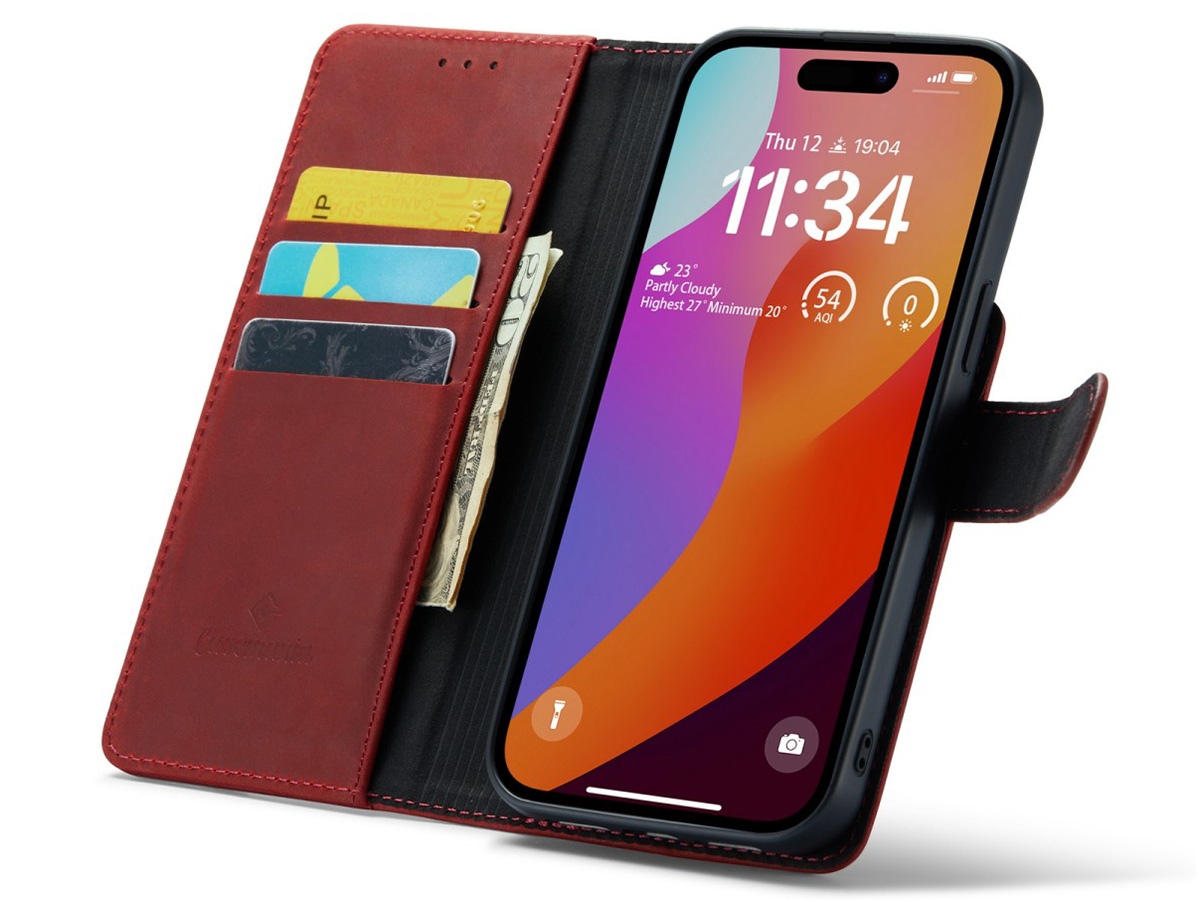 CaseMania 2in1 Magnetic Leather Bookcase Rood - iPhone 15 Pro Hoesje Leer