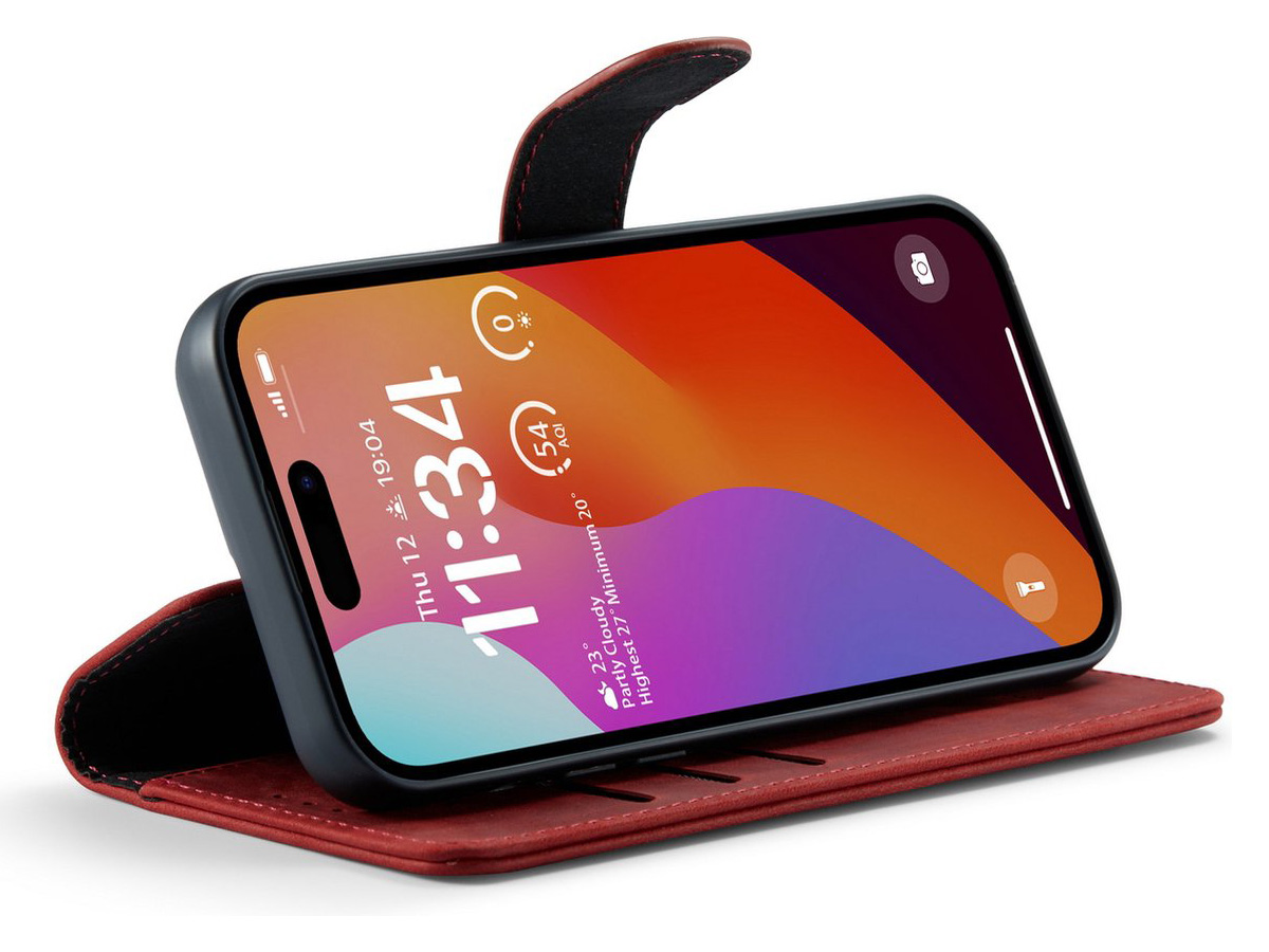 CaseMania 2in1 Magnetic Leather Bookcase Rood - iPhone 15 Pro Hoesje Leer