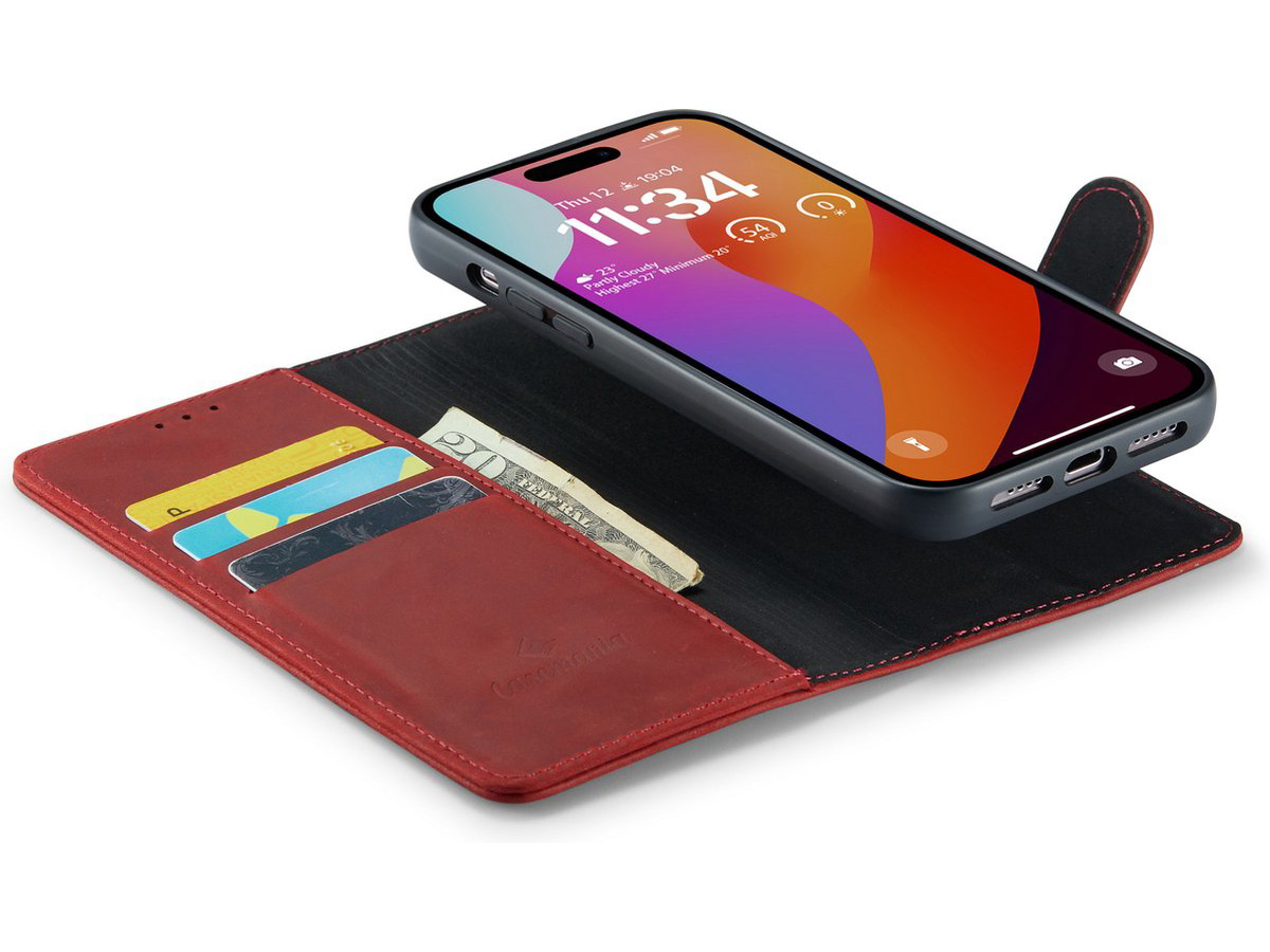 CaseMania 2in1 Magnetic Leather Bookcase Rood - iPhone 15 Pro Hoesje Leer