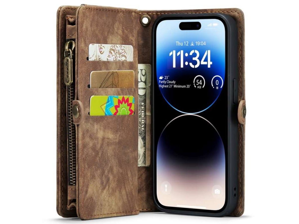 CaseMe 2in1 Wallet Case met Ritsvak Bruin - iPhone 15 Pro Hoesje
