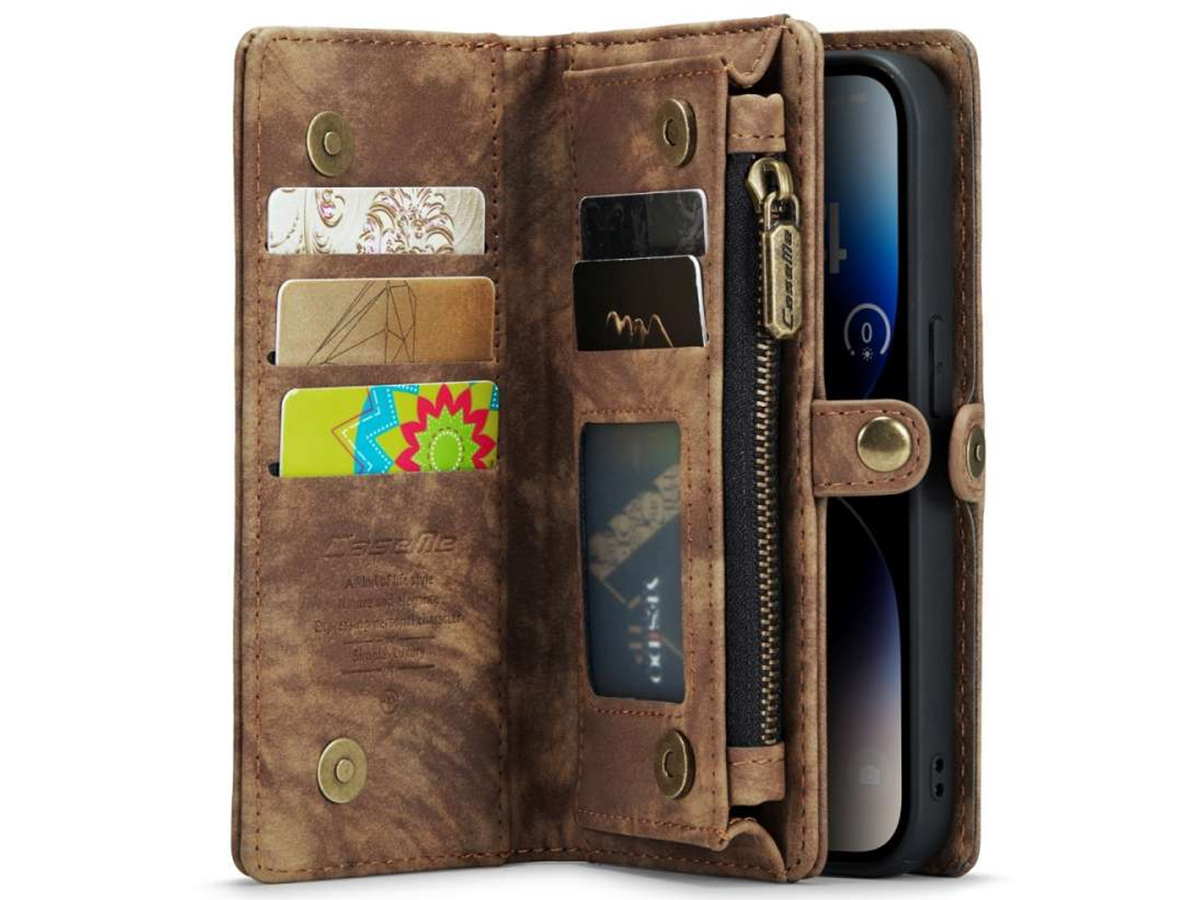 CaseMe 2in1 Wallet Case met Ritsvak Bruin - iPhone 15 Pro Hoesje
