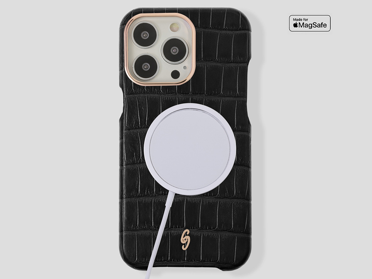 Gatti Classica Alligator Case iPhone 15 Pro hoesje - Intense Matt Black/Rose Gold