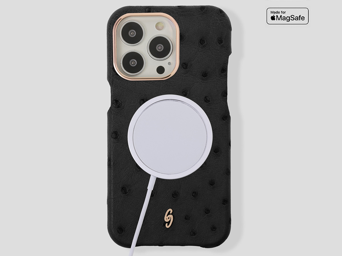 Gatti Classica Ostrich Case iPhone 15 Pro hoesje - Black Matt/Rosé Gold