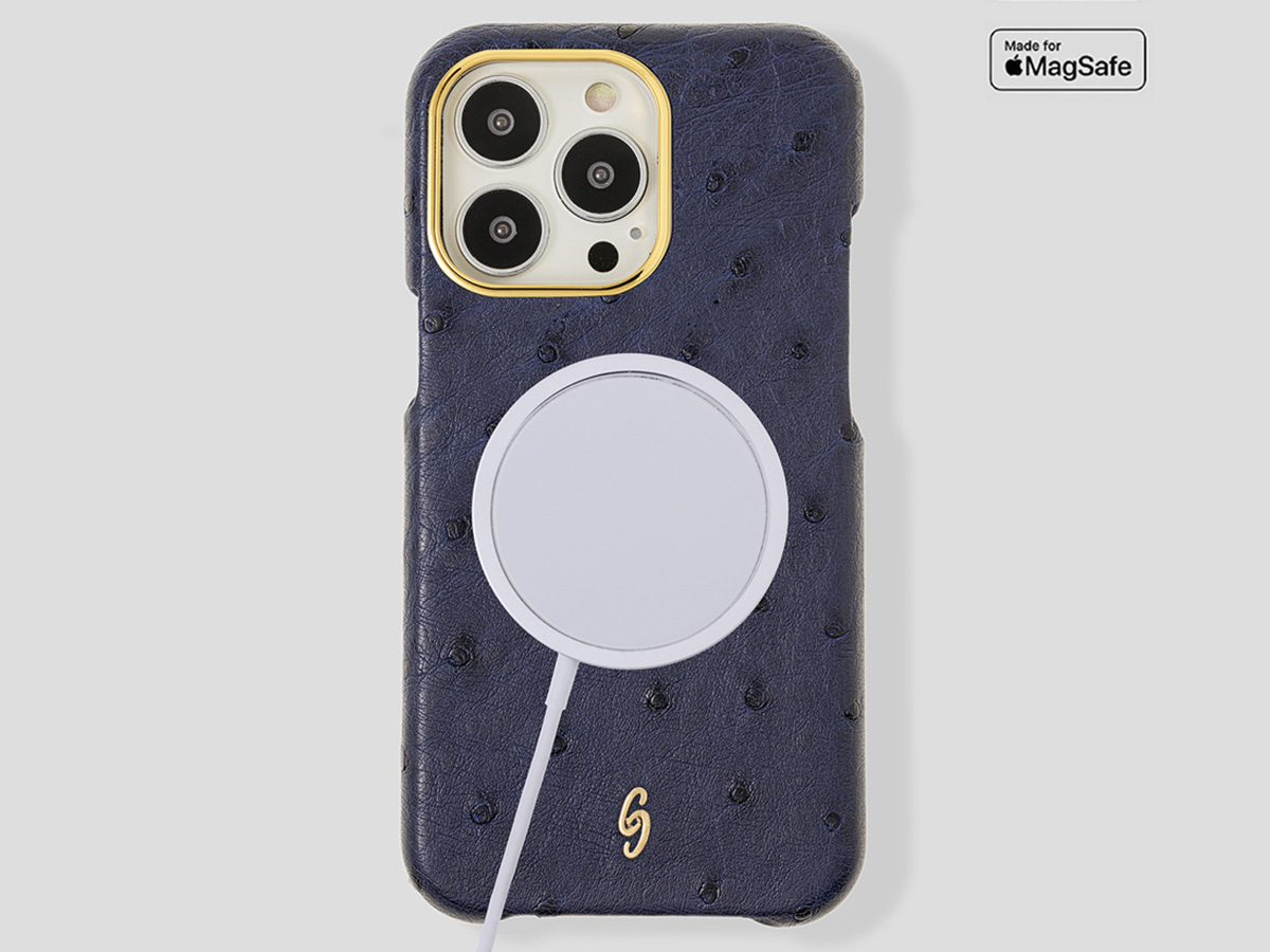 Gatti Classica Ostrich Case iPhone 15 Pro hoesje - Blue Gibilterra/Gold