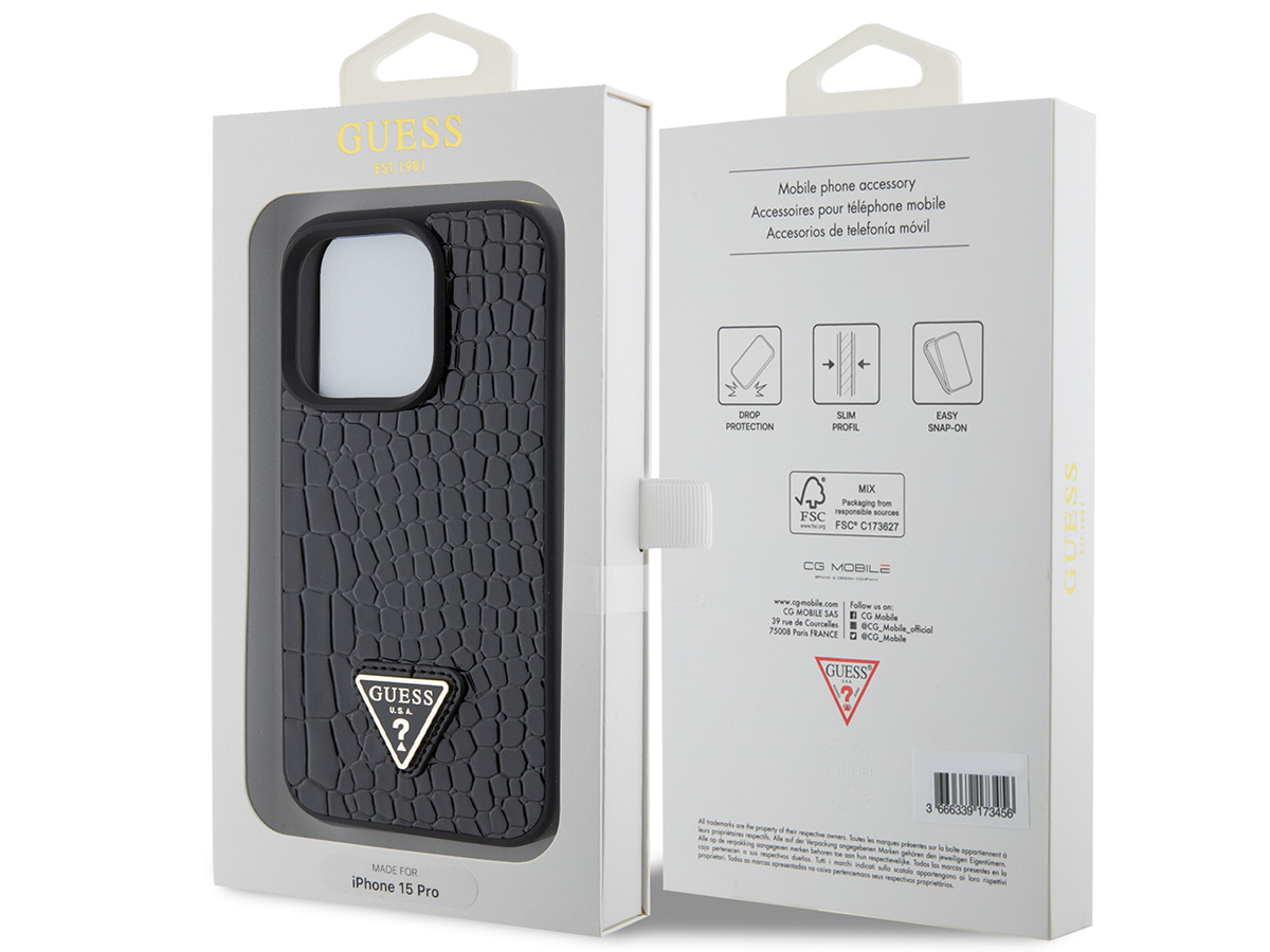 Guess Croco Triangle Case Zwart - iPhone 15 Pro hoesje