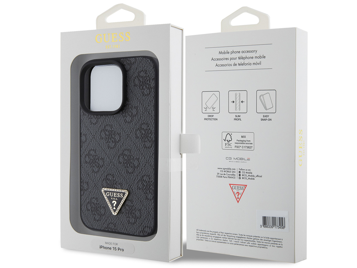 Guess Strass Triangle Monogram Case Grijs - iPhone 15 Pro hoesje