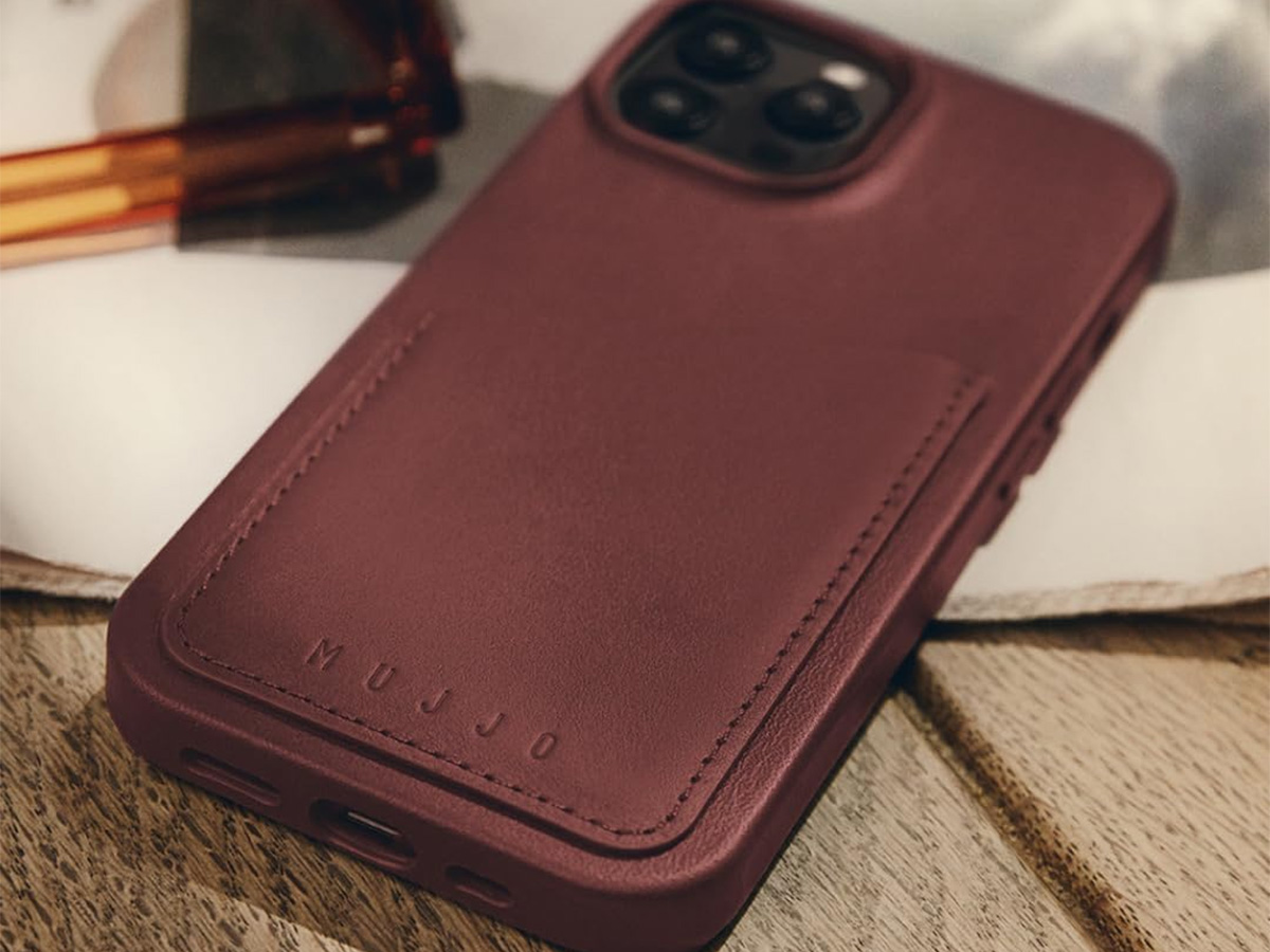 Mujjo Full Leather Wallet Case Burgundy - iPhone 15 Pro Hoesje Leer