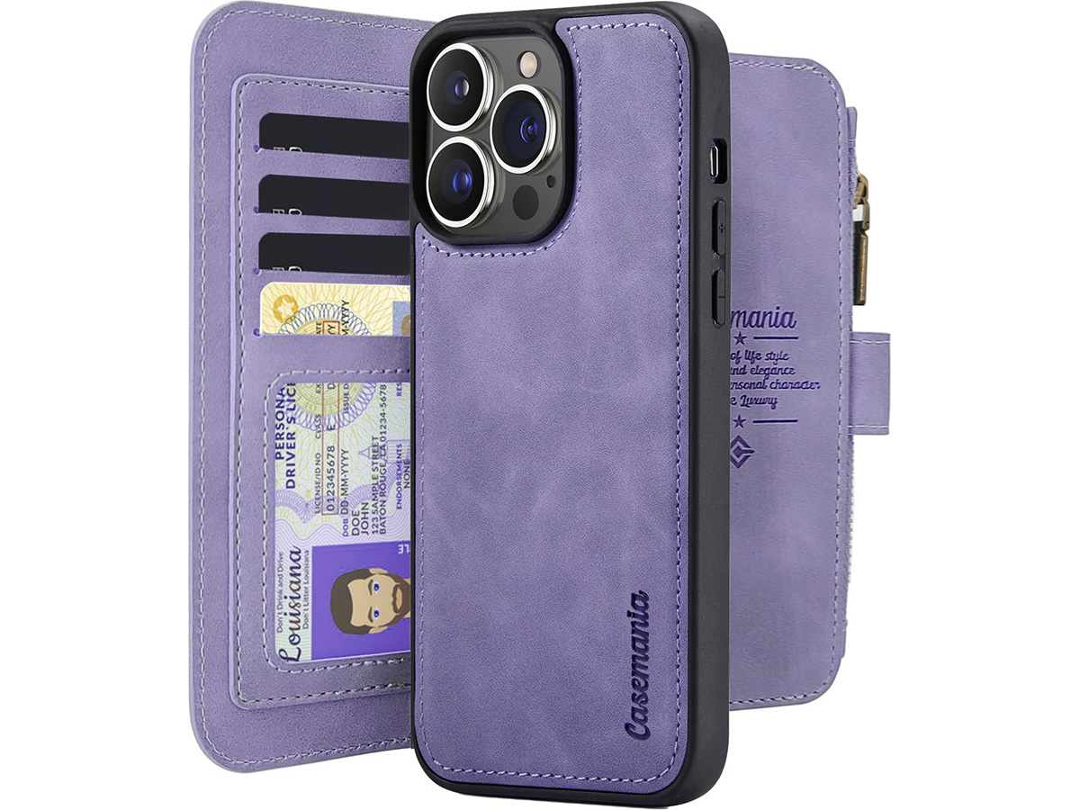 CaseMania 2in1 Wallet Ritsvak Case Lila Paars - iPhone 15 Pro Max Hoesje