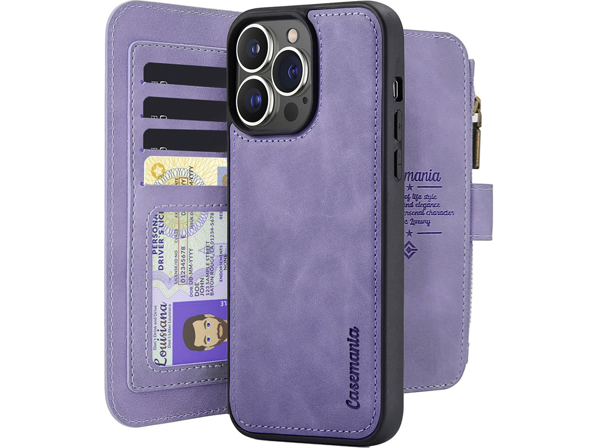 CaseMe 2in1 Wallet Ritsvak Case Lila Paars - iPhone 15 Pro Max Hoesje