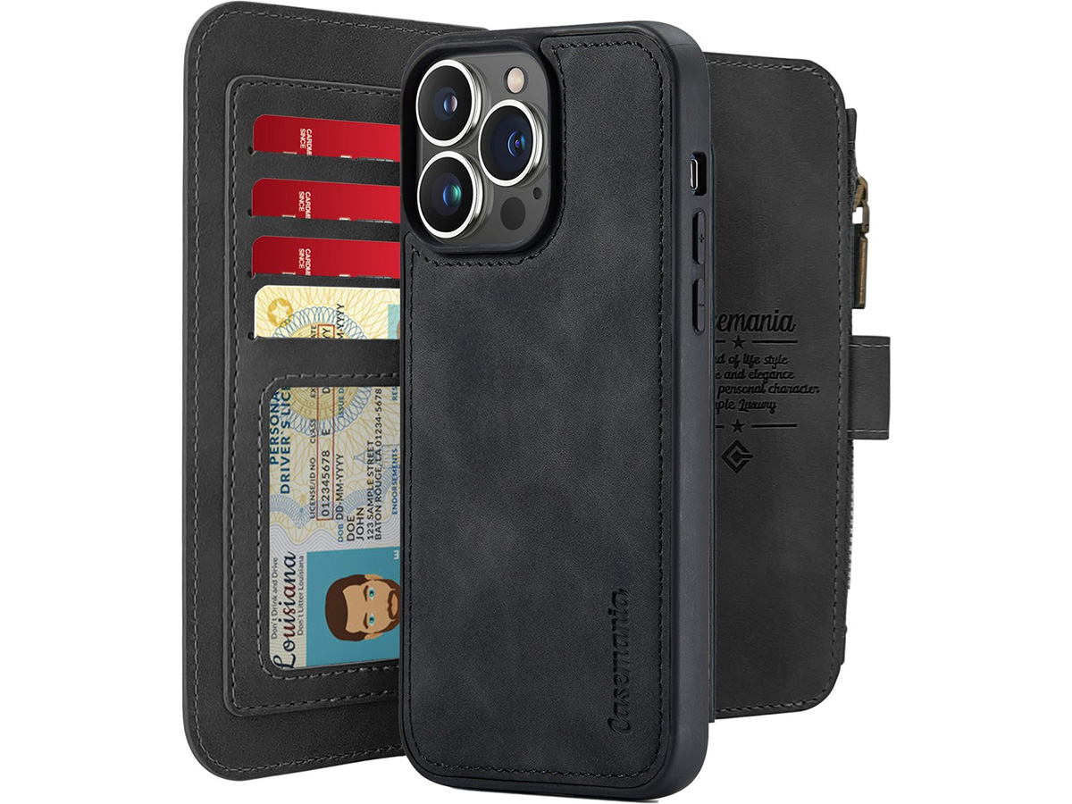 CaseMania 2in1 Wallet Ritsvak Case Zwart - iPhone 15 Pro Max Hoesje