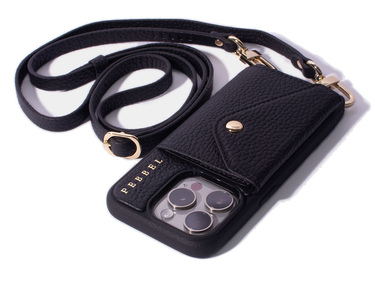 Pebbel Crossbody Case met Leren Koord - iPhone 15 Pro Max Hoesje Leer Zwart