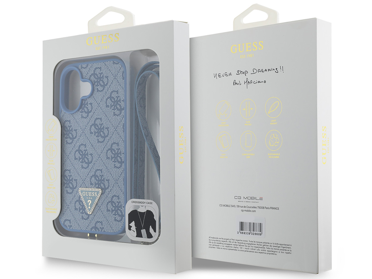 Guess 4G Monogram Necklace Case Blauw - iPhone 16 hoesje met Koord