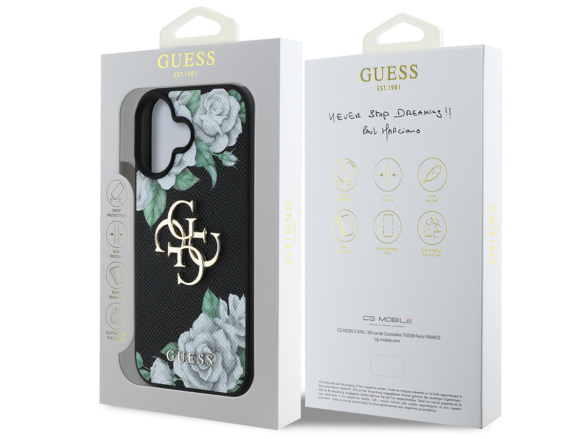 Guess Big 4G Floral Roses Case Zwart - iPhone 16 hoesje