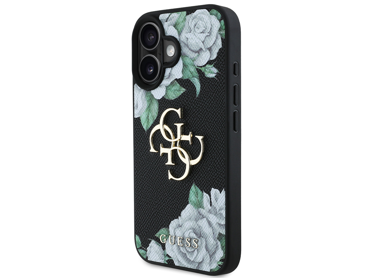 Guess Big 4G Floral Roses Case Zwart - iPhone 16 hoesje