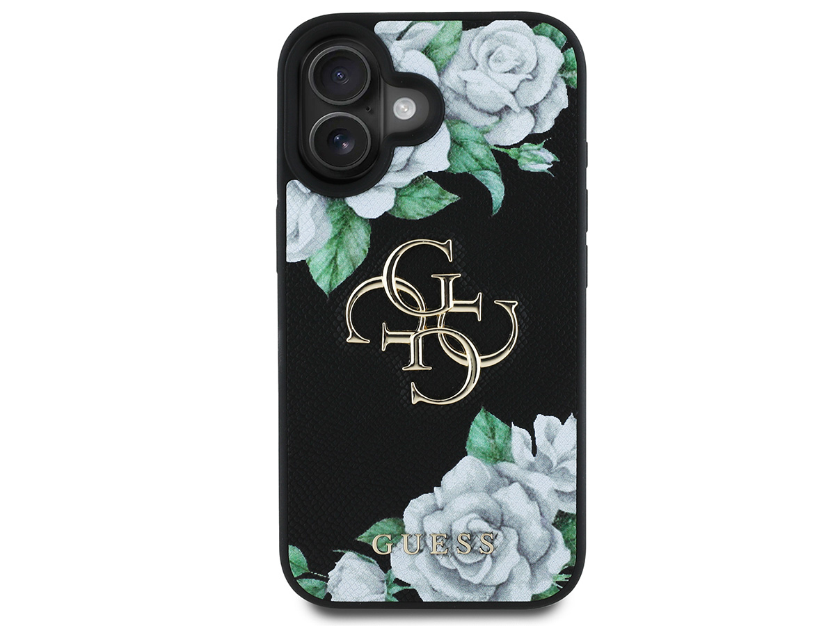 Guess Big 4G Floral Roses Case Zwart - iPhone 16 hoesje