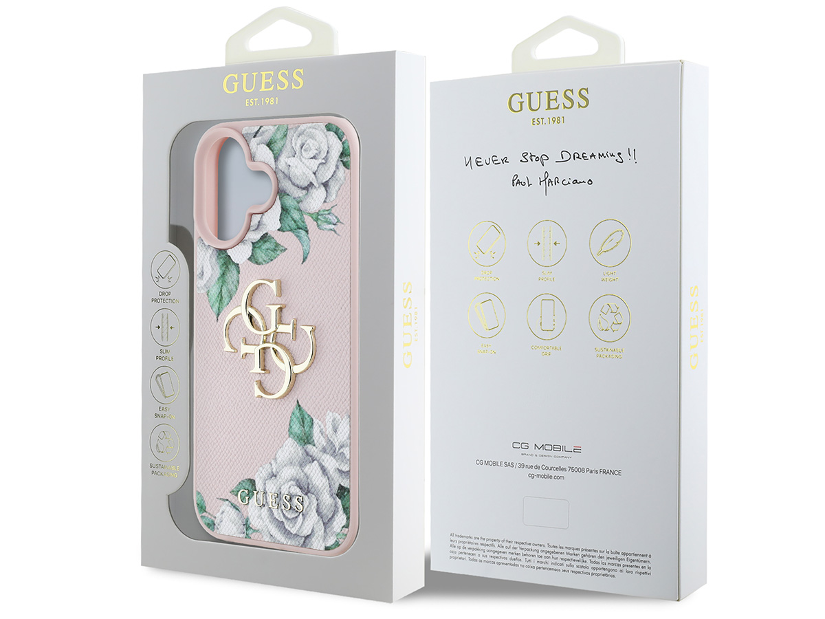 Guess Big 4G Floral Roses Case Roze - iPhone 16 hoesje