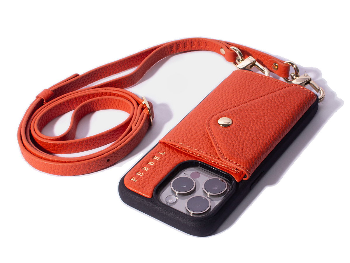 Pebbel Crossbody Case met Leren Koord - iPhone 16 Pro Max Hoesje Leer Oranje