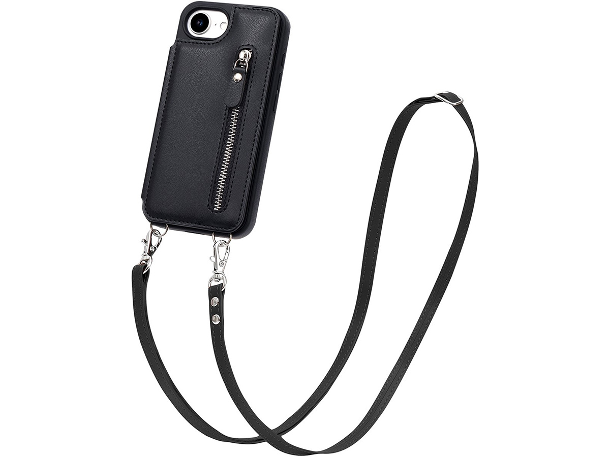 CaseMania Crossbody Wallet Case met Koord - iPhone 16e Hoesje Zwart