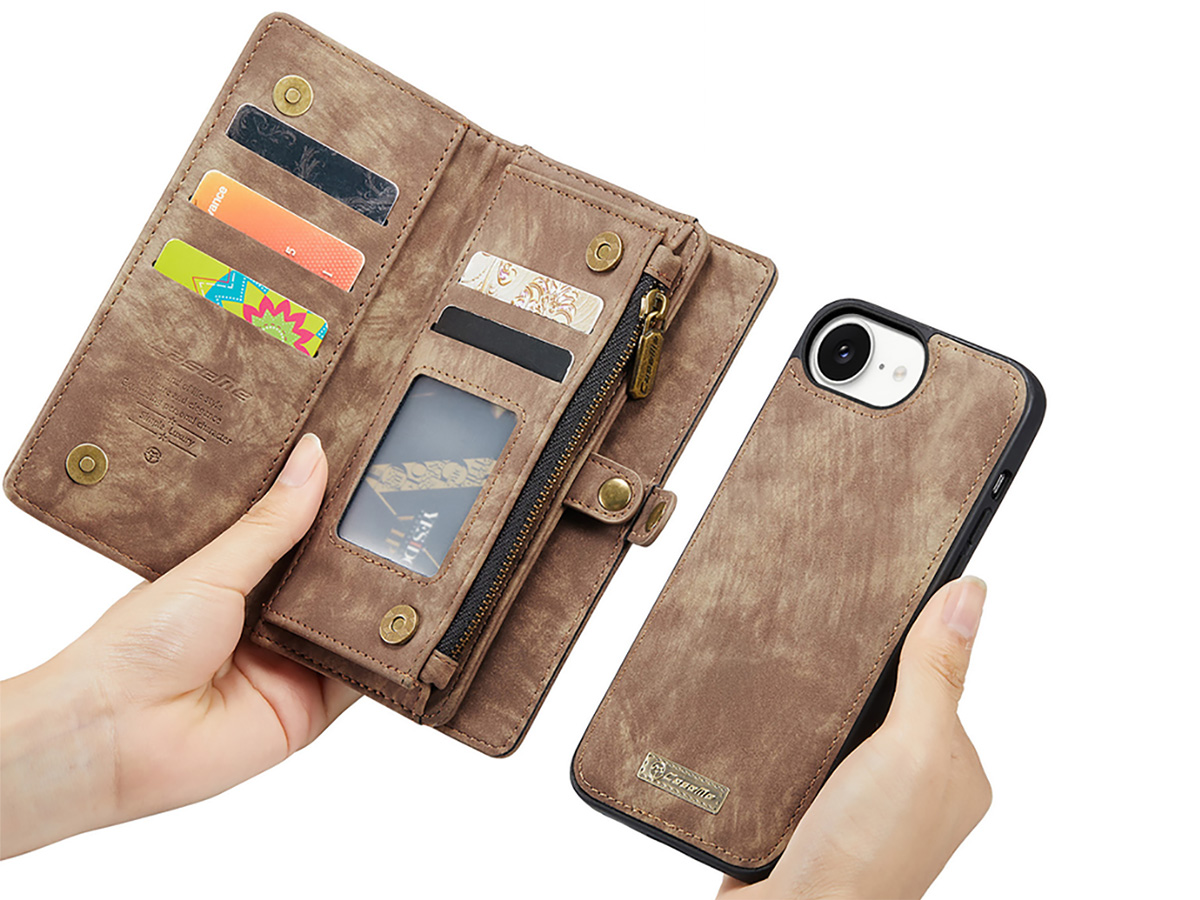 CaseMe 2in1 Wallet Case met Ritsvak Bruin - iPhone 16e Hoesje