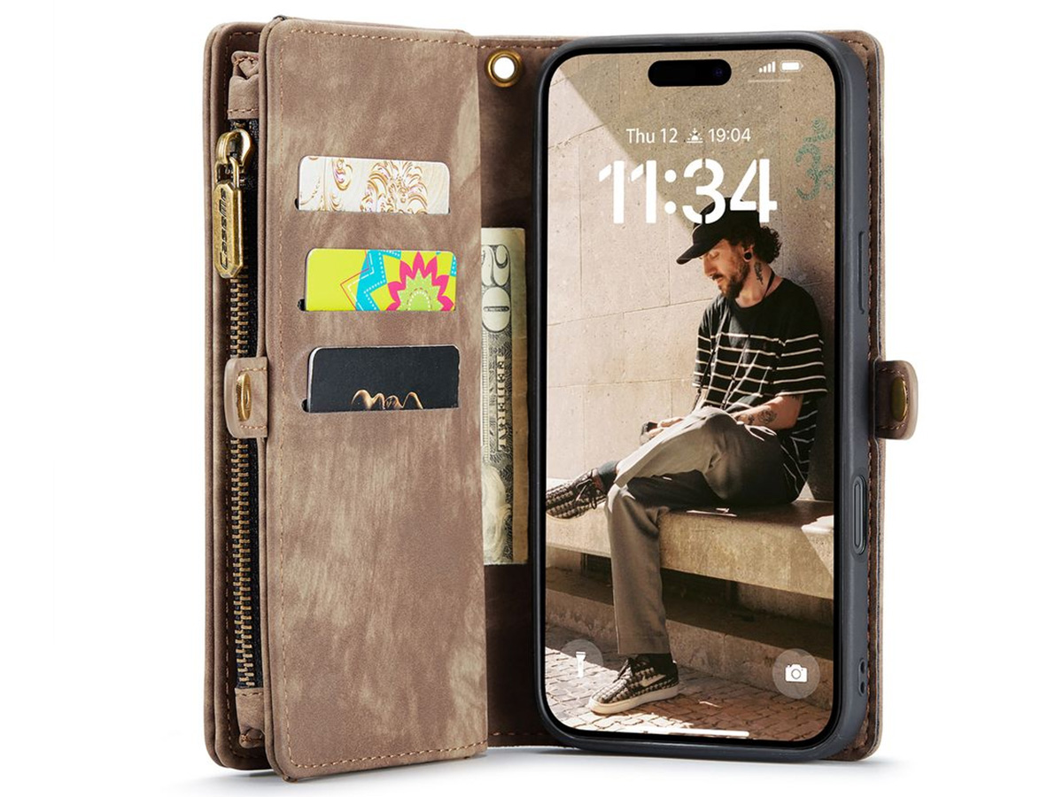 CaseMe 2in1 Wallet Case met Ritsvak Bruin - iPhone 16e Hoesje
